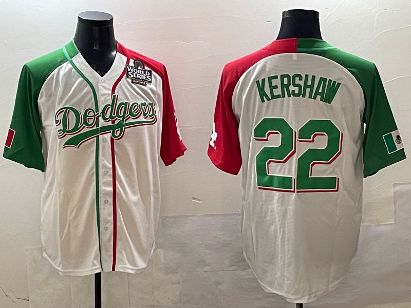 Men Los Angeles Dodgers #22 Kershaw White Green Game 2025 Nike MLB Jersey style 3